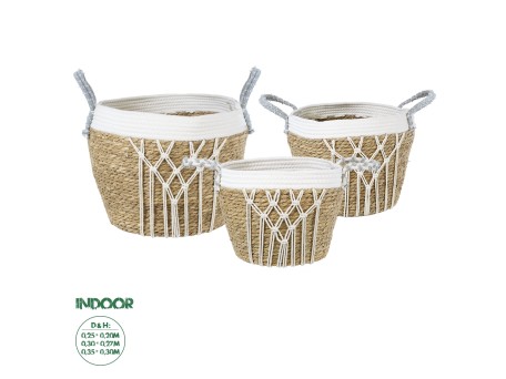 GloboStar® Artificial Garden SARDINIA 20335 ΣΕΤ 3 Διακοσμητικά Πλεκτά Καλάθια - Κασπώ Γλάστρες - Flower Pots Μπεζ με Μακραμέ A:Φ25cm x Υ20cm B:Φ30cm x Υ27cm C:Φ35cm x Υ30cm