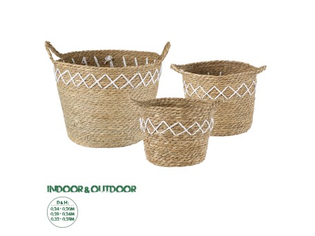 GloboStar® Artificial Garden ZAKYNTHOS 20336 ΣΕΤ 3 Διακοσμητικά Πλεκτά Καλάθια - Κασπώ Γλάστρες - Flower Pots Μπεζ με Μακραμέ A:Φ24cm x Υ20cm B:Φ28cm x Υ24cm C:Φ32cm x Υ28cm