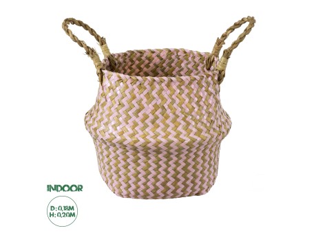 GloboStar® Artificial Garden LEROS 20341 Διακοσμητικό Ψάθινο Καλάθι - Κασπώ Γλάστρα - Flower Pot Ροζ με Καφέ Φ18cm x Υ20cm