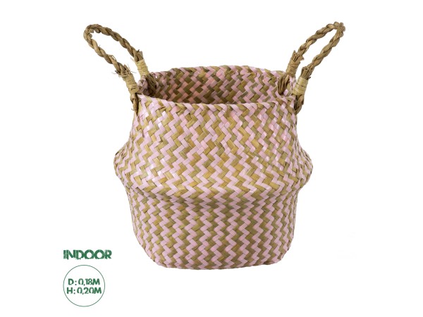 GloboStar® Artificial Garden LEROS 20341 Διακοσμητικό Ψάθινο Καλάθι - Κασπώ Γλάστρα - Flower Pot Ροζ με Καφέ Φ18cm x Υ20cm