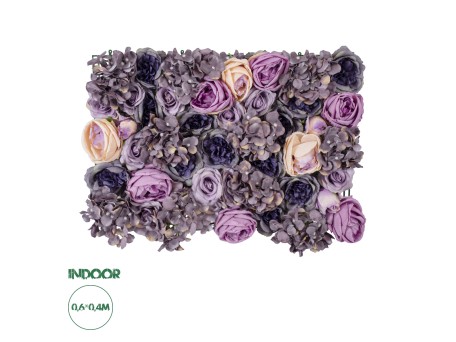GloboStar® Artificial Garden ROSES STORY 20352 Τεχνητό Διακοσμητικό Πάνελ Λουλουδιών - Κάθετος Κήπος σύνθεση Μωβ & Ροζ Τριαντάφυλλα Μ40 x Π60 x Υ8cm