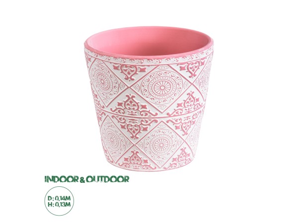 GloboStar® Artificial Garden CAIRO 20516 Διακοσμητικό Κεραμικό Κασπώ Γλάστρα - Flower Pot Λευκό με Ροζ Φ14 x Υ13cm
