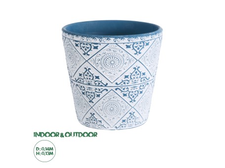 GloboStar® Artificial Garden CASABLANCA 20517 Διακοσμητικό Κεραμικό Κασπώ Γλάστρα - Flower Pot Λευκό με Μπλε Φ14 x Υ13cm
