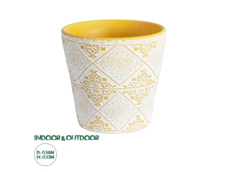 GloboStar® Artificial Garden RABAT 20518 Διακοσμητικό Κεραμικό Κασπώ Γλάστρα - Flower Pot Λευκό με Κίτρινο Φ14 x Υ13cm