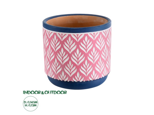 GloboStar® Artificial Garden BOMBAY 20521 Διακοσμητικό Κεραμικό Κασπώ Γλάστρα - Flower Pot Ροζ με Λευκό και Μπλε Φ14.5 x Υ13cm