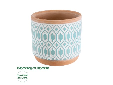 GloboStar® Artificial Garden DELHI 20523 Διακοσμητικό Κεραμικό Κασπώ Γλάστρα - Flower Pot Γαλάζιο με Λευκό και Μπεζ Φ14.5 x Υ13cm