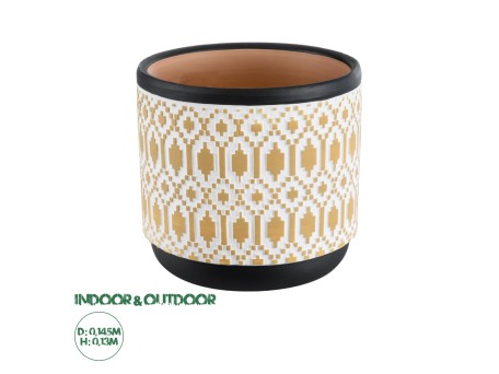 GloboStar® Artificial Garden VARANASI 20524 Διακοσμητικό Κεραμικό Κασπώ Γλάστρα - Flower Pot Χρυσό με Λευκό και Μαύρο Φ14.5 x Υ13cm