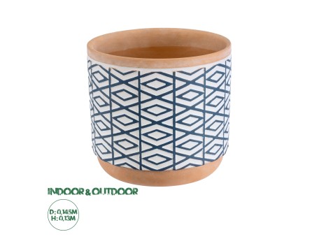 GloboStar® Artificial Garden KOLKATA 20525 Διακοσμητικό Κεραμικό Κασπώ Γλάστρα - Flower Pot Λευκό με Μπλε και Μπεζ Φ14.5 x Υ13cm