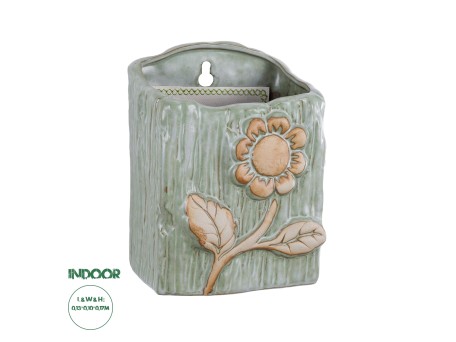 GloboStar® Artificial Garden BILBAO 20536 Διακοσμητική Κεραμική Επιτοίχια Γλάστρα Πράσινη με Μπεζ Λεπτομέρειες Μ13 x Π10  x Υ17cm