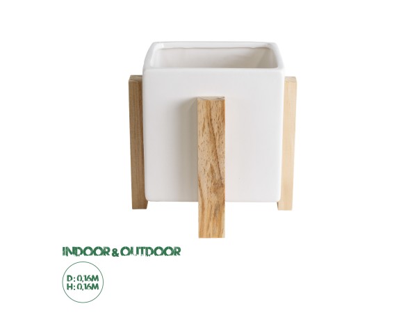 GloboStar® Artificial Garden VALETA 20541 Διακοσμητικό Κεραμικό Κασπώ Γλάστρα - Flower Pot Λευκό με Μπεζ Ξύλο Φ16 x Υ16cm