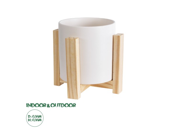 GloboStar® Artificial Garden PUERTO RICO 20542 Διακοσμητικό Κεραμικό Κασπώ Γλάστρα - Flower Pot Λευκό με Μπεζ Ξύλο Φ16 x Υ16cm