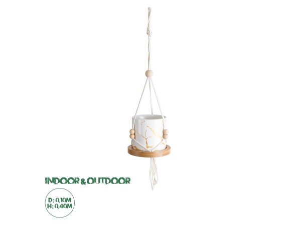 GloboStar® Artificial Garden USBOA 20545 Κρεμαστό Διακοσμητικό Κεραμικό Κασπώ Γλάστρα - Flower Pot Λευκό με Χρυσές Λεπτομέρειες και Μπεζ Ξύλινη Βάση Φ10 x Υ40cm