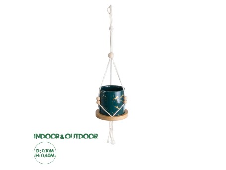 GloboStar® Artificial Garden TALLINN 20546 Κρεμαστό Διακοσμητικό Κεραμικό Κασπώ Γλάστρα - Flower Pot Πράσινο με Χρυσές Λεπτομέρειες και Μπεζ Ξύλινη Βάση Φ10 x Υ40cm