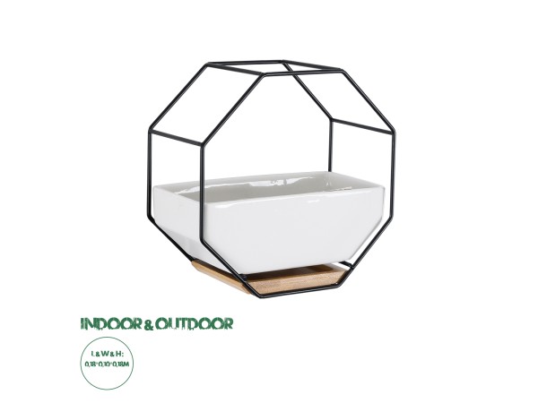 GloboStar® Artificial Garden BIANCO 20557 Διακοσμητικό Κεραμικό Κασπώ Γλάστρα - Flower Pot Λευκό με Μαύρο Μεταλλικό Πλέγμα και Καφέ Ξύλινη Βάση Μ18 x Π10 x Υ18cm