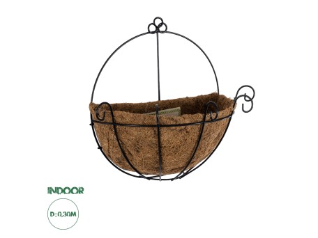 GloboStar® Artificial Garden KOUFONISIA 20562 Κρεμαστό Διακοσμητικό Κασπώ Γλάστρα - Flower Pot από Φλοιό Καρύδας Καφέ με Μαύρη Μεταλλική Βάση Φ30 x Υ33cm