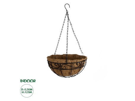 GloboStar® Artificial Garden KARYSTOS 20563 Κρεμαστό Διακοσμητικό Κασπώ Γλάστρα - Flower Pot από Φλοιό Καρύδας Καφέ με Μαύρη Μεταλλική Βάση Φ30 x Υ15cm