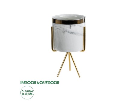 GloboStar® Artificial Garden ALASKA 20565 Διακοσμητικό Κεραμικό Κασπώ Γλάστρα - Flower Pot Λευκό με Χρυσή Μεταλλική Βάση και Μαύρες Λεπτομέρειες Φ8 x Υ15cm