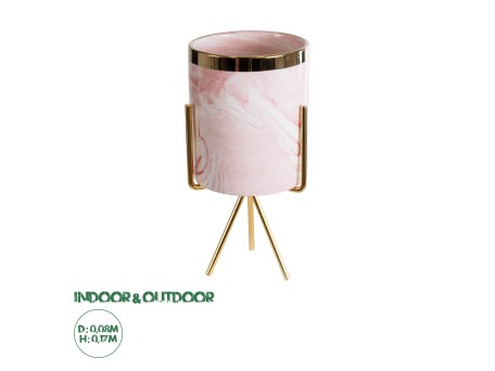 GloboStar® Artificial Garden COLORADO 20566 Διακοσμητικό Κεραμικό Κασπώ Γλάστρα - Flower Pot Ροζ με Χρυσή Μεταλλική Βάση και Λευκές Λεπτομέρειες Φ8 x Υ17cm