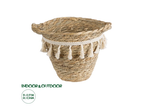 GloboStar® Artificial Garden SANTORINI 20572 Διακοσμητικό Πλεκτό Κασπώ Γλάστρα - Flower Pot Μπεζ με Λευκό Φ17 x Υ16cm