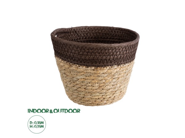 GloboStar® Artificial Garden LEFKADA 20574 Διακοσμητικό Πλεκτό Κασπώ Γλάστρα - Flower Pot Μπεζ με Καφέ Φ18 x Υ15cm