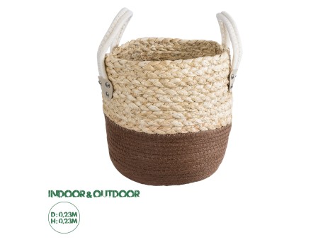 GloboStar® Artificial Garden CAROLINA 20578 Διακοσμητικό Πλεκτό Κασπώ Γλάστρα - Flower Pot Μπεζ με Καφέ και Λευκό Φ23 x Υ23cm
