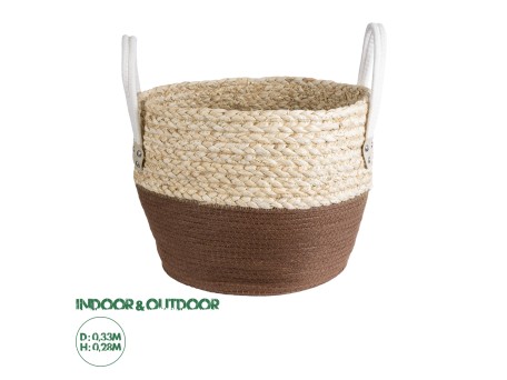 GloboStar® Artificial Garden CAROLINA 20580 Διακοσμητικό Πλεκτό Κασπώ Γλάστρα - Flower Pot Μπεζ με Καφέ και Λευκό Φ33 x Υ28cm