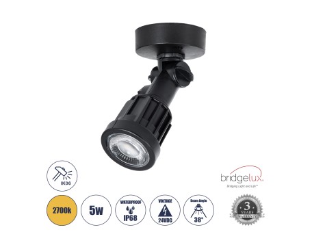 GLOBOSTAR® GARDENINI 61546 Φωτιστικό Σποτ LED 5W 650lm 38° DC 24V Αδιάβροχο IP68 Θερμό Λευκό 2700K Dimmable - Lumileds SMD Chip - Μαύρο - Μ7 x Π7 x Υ14.5cm - 3 Χρόνια Εγγύηση