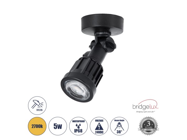 GLOBOSTAR® GARDENINI 61546 Φωτιστικό Σποτ LED 5W 650lm 38° DC 24V Αδιάβροχο IP68 Θερμό Λευκό 2700K Dimmable - Lumileds SMD Chip - Μαύρο - Μ7 x Π7 x Υ14.5cm - 3 Χρόνια Εγγύηση