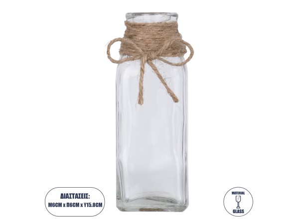 GloboStar® LUCY 35609 Διακοσμητικό Βάζο Γυάλινο Διάφανο με Σχοινί Φ6 x Υ15.8cm