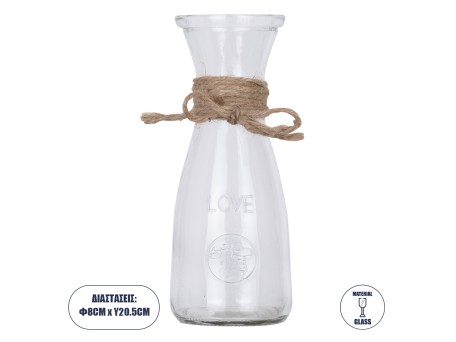 GloboStar® LUCY 35612 Διακοσμητικό Βάζο Γυάλινο Διάφανο με Σχοινί Φ8.1 x Υ20.5cm
