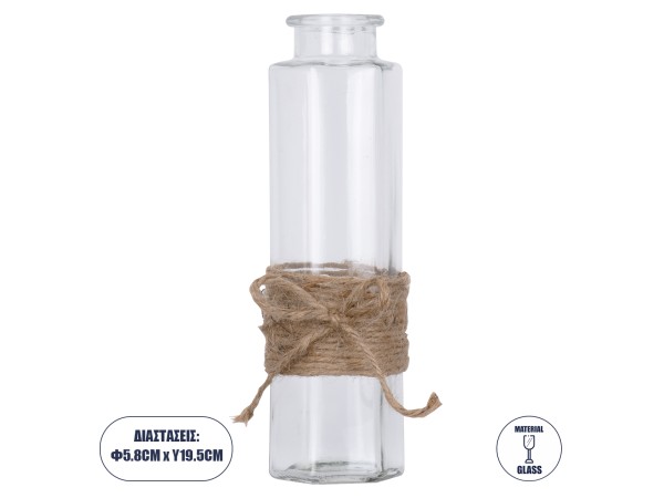 GloboStar® LUCY 35618 Διακοσμητικό Βάζο Γυάλινο Διάφανο με Σχοινί Φ5.8 x Υ19.6cm