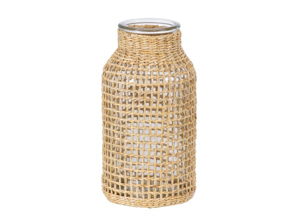 GloboStar® MANDY 35619 Διακοσμητικό Βάζο Γυάλινο Διάφανο με Μπαμπού Φ8.5 x Υ17cm