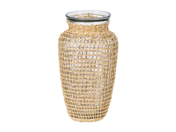 GloboStar® MANDY 35621 Διακοσμητικό Βάζο Γυάλινο Διάφανο με Μπαμπού Φ11.5 x Υ21cm