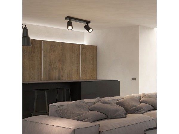 kelvo® SPOTA KLV-101-0136 Κινούμενο Φωτιστικό Σποτ Οροφής για 2 Λάμπες MR16 με Ντουί GU10 AC 220-240V IP20 - Μαύρο Ματ - Μ30 x Π6 x Υ14.5cm