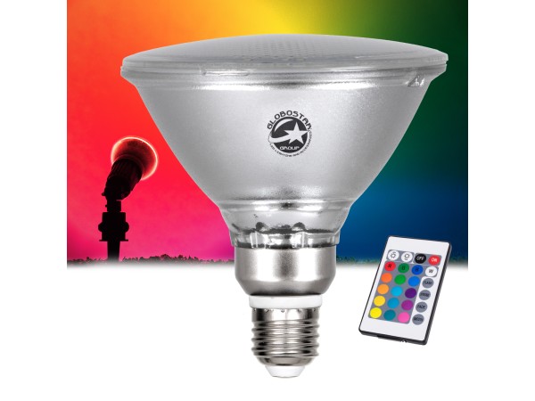 GLOBOSTAR® GARDENPAR 60233 Σποτ E27 PAR38 Σκληρού Υάλου με IR Ασύρματο Χειριστήριο LED 18W 900lm 60° AC 220-240V Αδιάβροχο IP65 Πολύχρωμο RGB Dimmable - Μ12 x Π12 x Υ13cm - 3 Χρόνια Εγγύηση