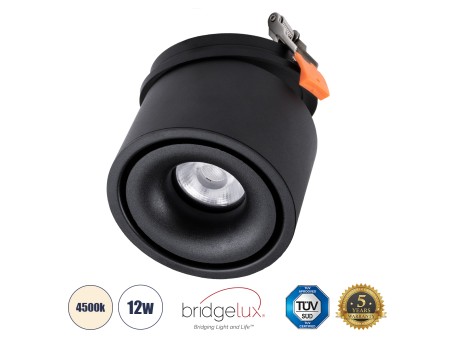GLOBOSTAR® OMEGA-R 60296 Χωνευτό Κινούμενο Downlight Σποτ LED 12W 1560lm 36° AC 220-240V IP20 Φυσικό Λευκό 4500K - Bridgelux COB Chip & TÜV SÜD Driver - Μαύρο Ματ - Μ10 x Π10 x Υ8.2cm / Q9cm - 5 Χρόνια Εγγύηση