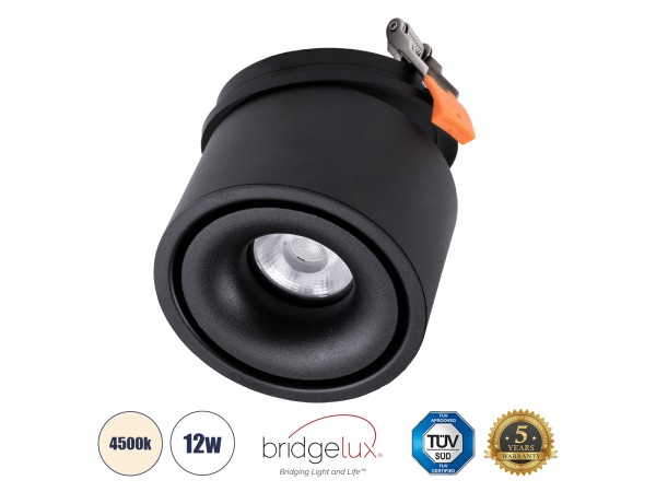 GLOBOSTAR® OMEGA-R 60296 Χωνευτό Κινούμενο Downlight Σποτ LED 12W 1560lm 36° AC 220-240V IP20 Φυσικό Λευκό 4500K - Bridgelux COB Chip & TÜV SÜD Driver - Μαύρο Ματ - Μ10 x Π10 x Υ8.2cm / Q9cm - 5 Χρόνια Εγγύηση