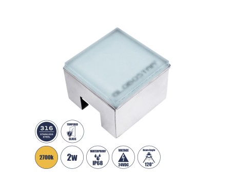GLOBOSTAR® CYBOLITHOS 60365 Χωνευτό Αρχιτεκτονικο Φωτιστικό Σποτ Δαπέδου LED 2W 220lm 120° DC 24V Αδιάβροχο IP68 IK06 Θερμό Λευκό 2700K Dimmable - Bridgelux SMD Chip - Γαλακτερό Tempered Glass & Ανοξείδωτο Ατσάλι SS316 - Μ10 x Π10x Υ8cm / Q10 x 10cm - 3 Χ
