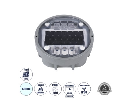 GloboStar® ROADER 60367 Professional LED Strobe Αυτόνομος Ηλιακός Χωνευτός Ανακλαστήρας Οδοστρώματος με Ενσωματωμένο Φωτοβολταϊκό Panel 2.5V 220mA & Επαναφορτιζόμενη Μπαταρία Ni-MH 1.2V 1200mAh - Αδιάβροχο IP68 - Ψυχρό Λευκό 6000K - Max Pass Load 20 Τόνοι