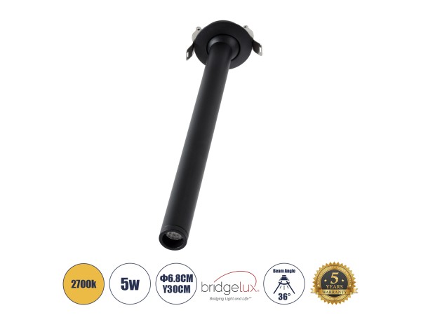 GLOBOSTAR® DALE 60373 Χωνευτό Κινούμενο Downlight Σποτ LED 5W 500lm 36° AC 220-240V IP20 Θερμό Λευκό 2700K - Bridgelux COB Chip & TÜV SÜD Driver - Μαύρο Ματ - Μ6.4 x Π6.4 x Υ30cm / Q5.5cm - 5 Χρόνια Εγγύηση