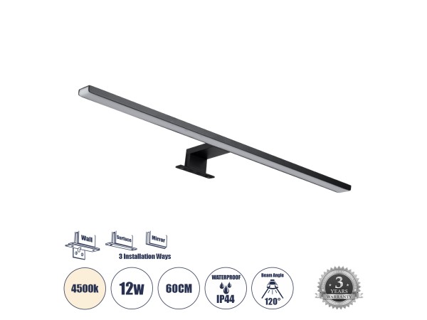 GLOBOSTAR® NINA 60420 Μοντέρνο Φωτιστικό Τοίχου - Απλίκα Καθρέπτη Μπάνιου LED 12W 1400lm 120° AC 220-240V IP44 Φυσικό Λευκό 4500K - Lumileds SMD Chip & TÜV SÜD Driver - Μαύρο Ματ - Μ60 x Π10.5 x Υ4cm - 3 Χρόνια Εγγύηση