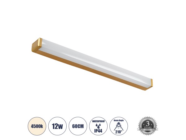 GLOBOSTAR® RENATA 60443 Μοντέρνο Φωτιστικό Τοίχου - Απλίκα Καθρέπτη Μπάνιου LED 12W 1400lm 210° AC 220-240V IP44 Φυσικό Λευκό 4500K - Lumileds SMD Chip & TÜV SÜD Driver - Χρυσό Βούρτσας - Μ60 x Π4 x Υ5.5cm - 3 Χρόνια Εγγύηση