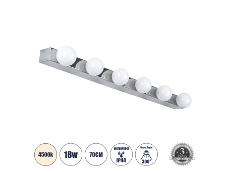 GLOBOSTAR® BELLA 60453 Μοντέρνο Φωτιστικό Τοίχου - Απλίκα Καθρέπτη Μπάνιου LED 18W 2052lm 300° AC 220-240V IP44 Φυσικό Λευκό 4500K - Bridgelux COB Chip & TÜV SÜD Driver - Ασημί & Λευκό - Μ70 x Π11 x Υ6cm - 3 Χρόνια Εγγύηση