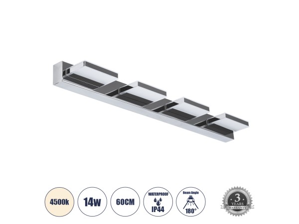 GLOBOSTAR® KARLA 60456 Μοντέρνο Φωτιστικό Τοίχου - Απλίκα Καθρέπτη Μπάνιου LED 14W 1600lm 180° AC 220-240V IP44 Φυσικό Λευκό 4500K - Lumileds SMD Chip & TÜV SÜD Driver - Νίκελ Χρώμιο - Μ60 x Π9 x Υ5cm - 3 Χρόνια Εγγύηση GLOBOSTAR® KARLA 60456 Μοντέρνο Φωτιστικό Τοίχου - Απλίκα Καθρέπτη Μπάνιου LED 14W 1600lm 180° AC 220-240V IP44 Φυσικό Λευκό 4500K - Lumileds SMD Chip & TÜV SÜD Driver - Νίκελ Χρώμιο - Μ60 x Π9 x Υ5cm - 3 Χρόνια Εγγύηση