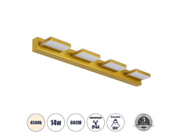 GLOBOSTAR® KARLA 60457 Μοντέρνο Φωτιστικό Τοίχου - Απλίκα Καθρέπτη Μπάνιου LED 14W 1600lm 180° AC 220-240V IP44 Φυσικό Λευκό 4500K - Lumileds SMD Chip & TÜV SÜD Driver - Χρυσό - Μ60 x Π9 x Υ5cm - 3 Χρόνια Εγγύηση GLOBOSTAR® KARLA 60457 Μοντέρνο Φωτιστικό Τοίχου - Απλίκα Καθρέπτη Μπάνιου LED 14W 1600lm 180° AC 220-240V IP44 Φυσικό Λευκό 4500K - Lumileds SMD Chip & TÜV SÜD Driver - Χρυσό - Μ60 x Π9 x Υ5cm - 3 Χρόνια Εγγύηση