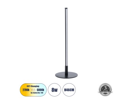 GLOBOSTAR® DALUMA 60467 Μοντέρνο Επιτραπέζιο Φωτιστικό LED 8W 880lm 200° AC 220-240V IP20 Ρυθμιζόμενο Λευκό CCT με On/Off 2700K/4500K/6000K - Lumileds SMD Chip - Μαύρο - Μ15 x Π15 x Υ46cm - 3 Χρόνια Εγγύηση