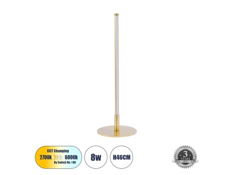 GLOBOSTAR® DALUMA 60469 Μοντέρνο Επιτραπέζιο Φωτιστικό LED 8W 880lm 200° AC 220-240V IP20 Ρυθμιζόμενο Λευκό CCT με On/Off 2700K/4500K/6000K - Lumileds SMD Chip - Χρυσό - Μ15 x Π15 x Υ46cm - 3 Χρόνια Εγγύηση