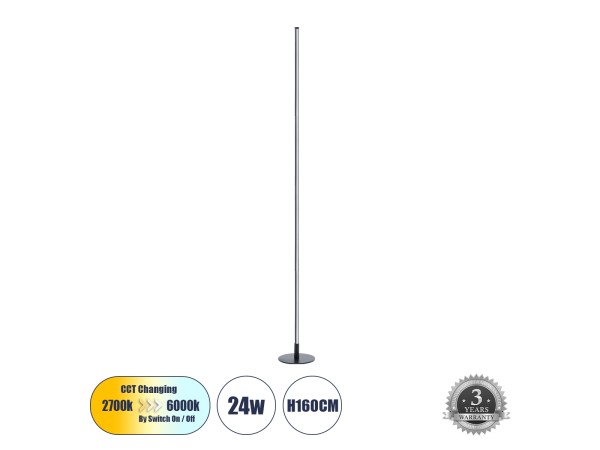 GLOBOSTAR® DALUMA 60470 Μοντέρνο Επιδαπέδιο Φωτιστικό LED 24W 2640lm 200° AC 220-240V IP20 Ρυθμιζόμενο Λευκό CCT με On/Off 2700K/4500K/6000K - Lumileds SMD Chip - Μαύρο Ματ - Μ18 x Π18 x Υ160cm - 3 Χρόνια Εγγύηση