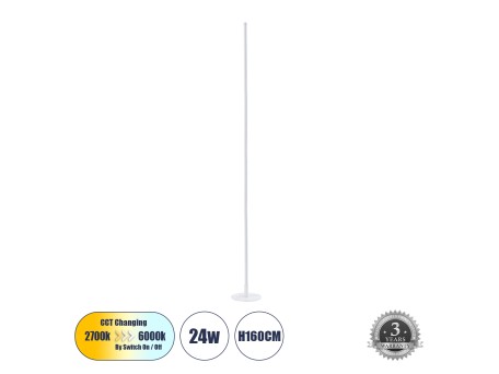 GLOBOSTAR® DALUMA 60471 Μοντέρνο Επιδαπέδιο Φωτιστικό LED 24W 2640lm 200° AC 220-240V IP20 Ρυθμιζόμενο Λευκό CCT με On/Off 2700K/4500K/6000K - Lumileds SMD Chip - Λευκό - Μ18 x Π18 x Υ160cm - 3 Χρόνια Εγγύηση