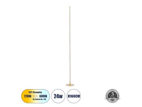 GLOBOSTAR® DALUMA 60472 Μοντέρνο Επιδαπέδιο Φωτιστικό LED 24W 2640lm 200° AC 220-240V IP20 Ρυθμιζόμενο Λευκό CCT με On/Off 2700K/4500K/6000K - Lumileds SMD Chip - Σατινέ Χρυσό Βούρτσας - Μ18 x Π18 x Υ160cm - 3 Χρόνια Εγγύηση